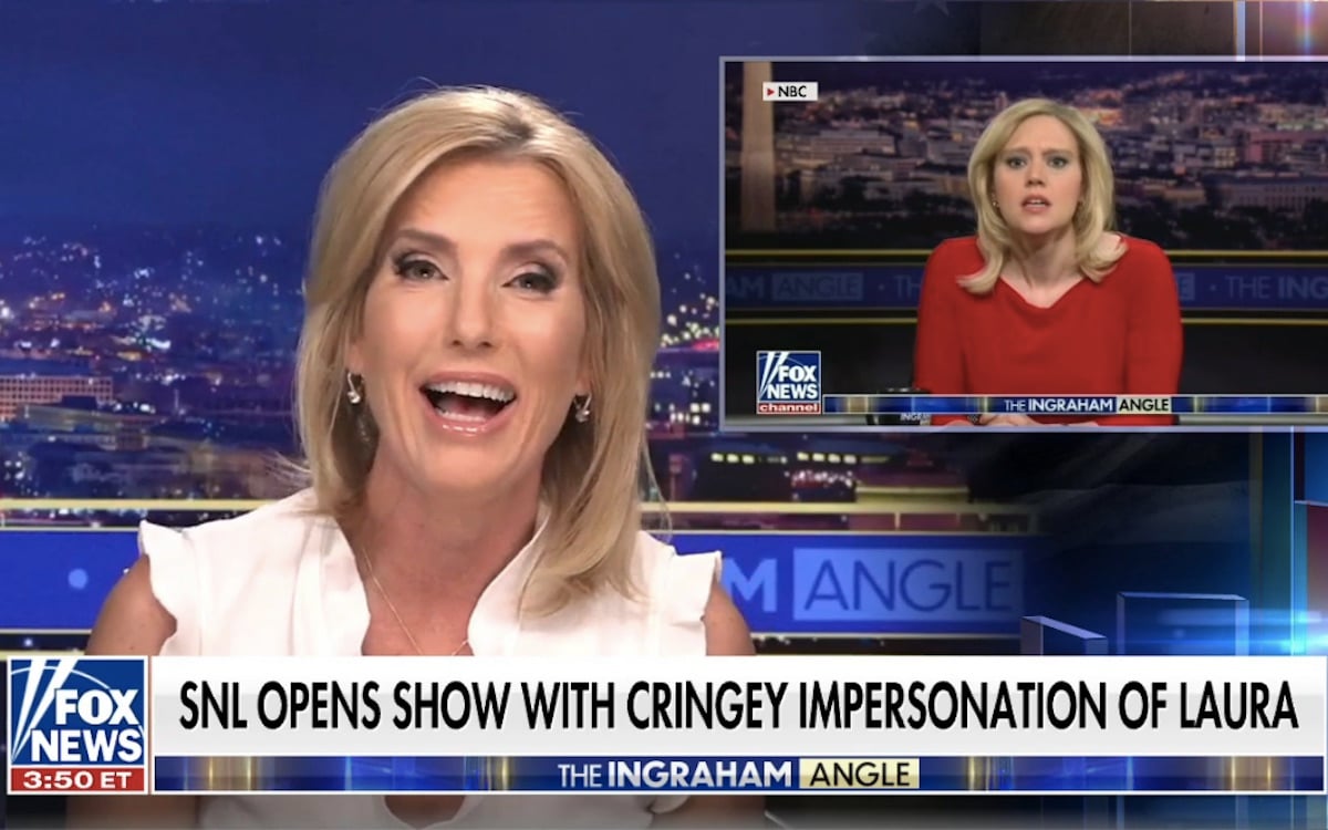 Laura Ingraham plays a clip of Kate McKinnon's SNL impression of her on her fox news show.