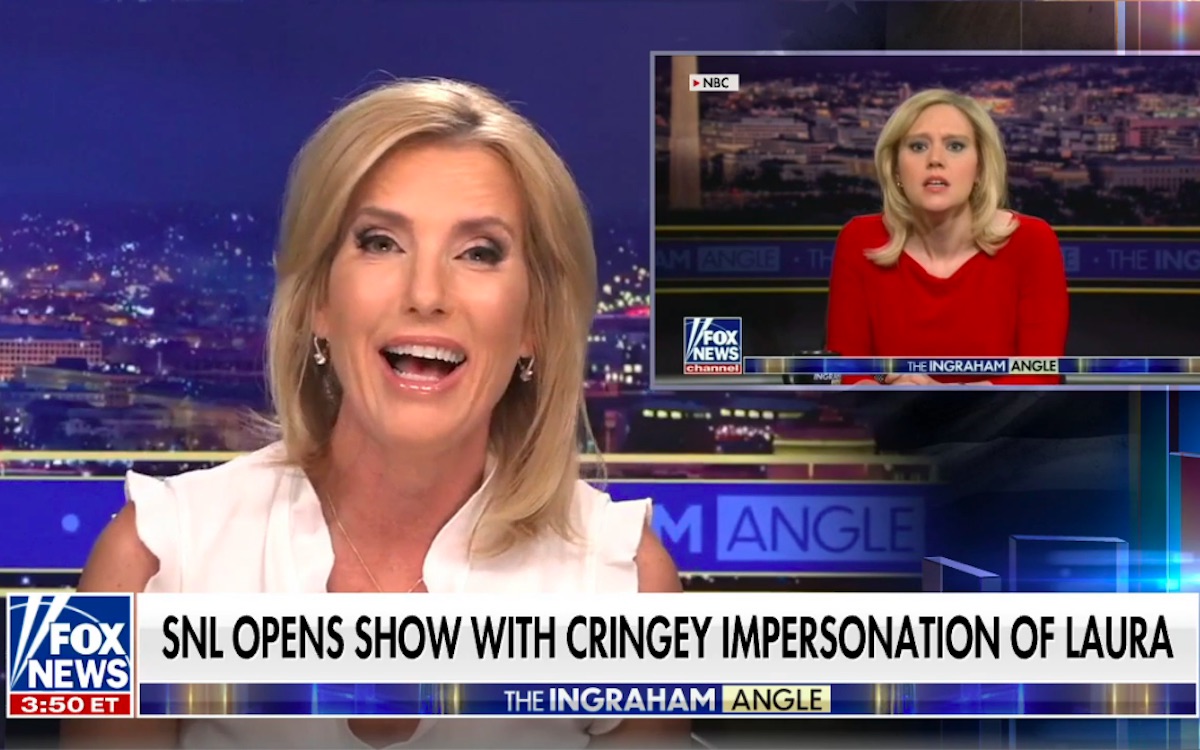 Laura Ingraham plays a clip of Kate McKinnon's SNL impression of her on her fox news show.