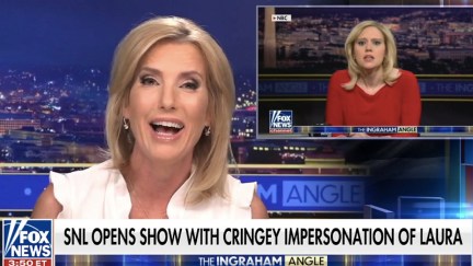 Laura Ingraham plays a clip of Kate McKinnon's SNL impression of her on her fox news show.