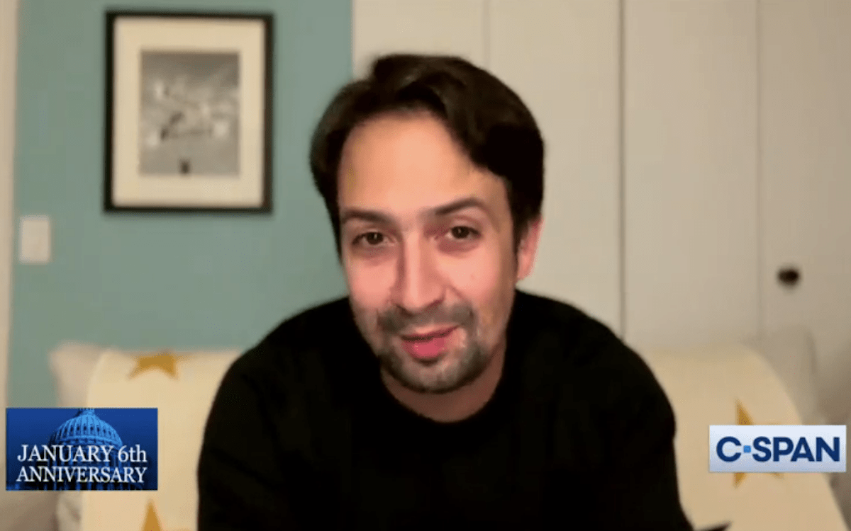 Lin-Manuel Miranda speaks on a Zoom call for the January 6 remembrance event.