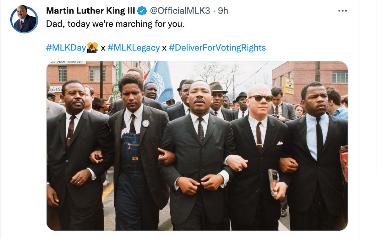 A tweet from Martin Luther King III shows his father Martin Luther King Jr. marching for civil rights