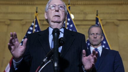Senate Minority Leader Mitch McConnell (R-KY) speaks during a press conference