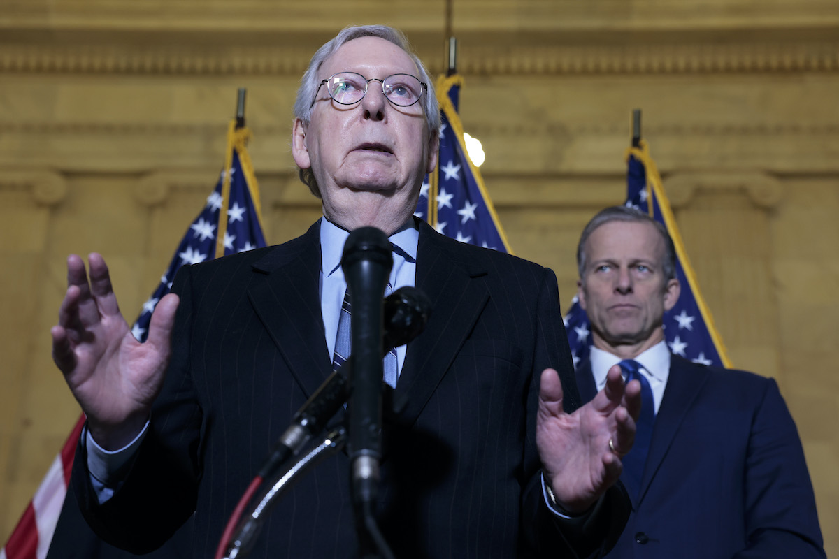 Senate Minority Leader Mitch McConnell (R-KY) speaks during a press conference