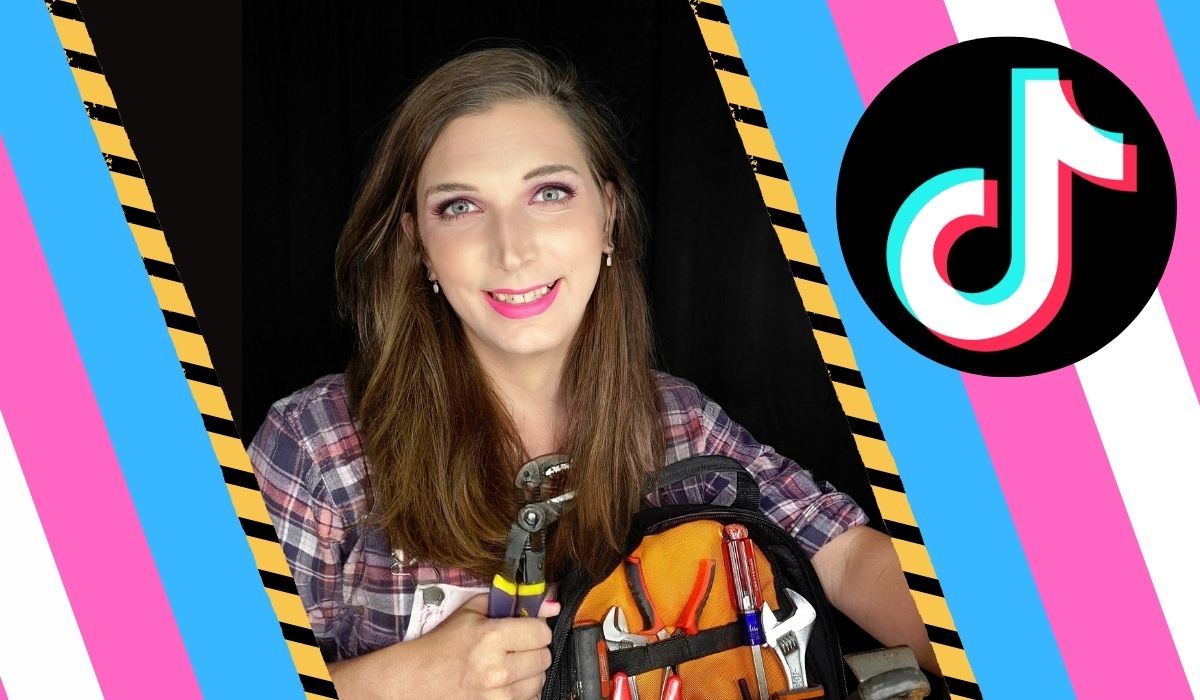 Mercury Stardust a.k.a. The Trans Handy Ma'am next to trans flag and TikTok logo. (Image: Mercury Stardust, TikTok, and Alyssa Shotwell.)