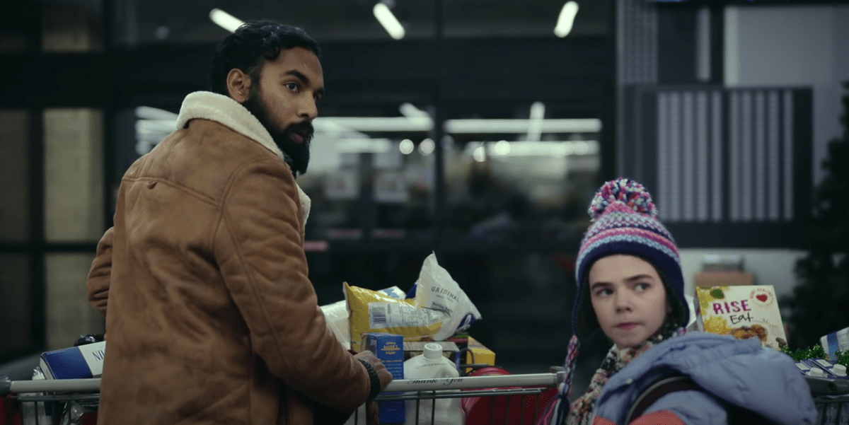 Himesh Patel and Matilda Lawlor as Jeevan and Kirsten in a supermarket in Station Eleven