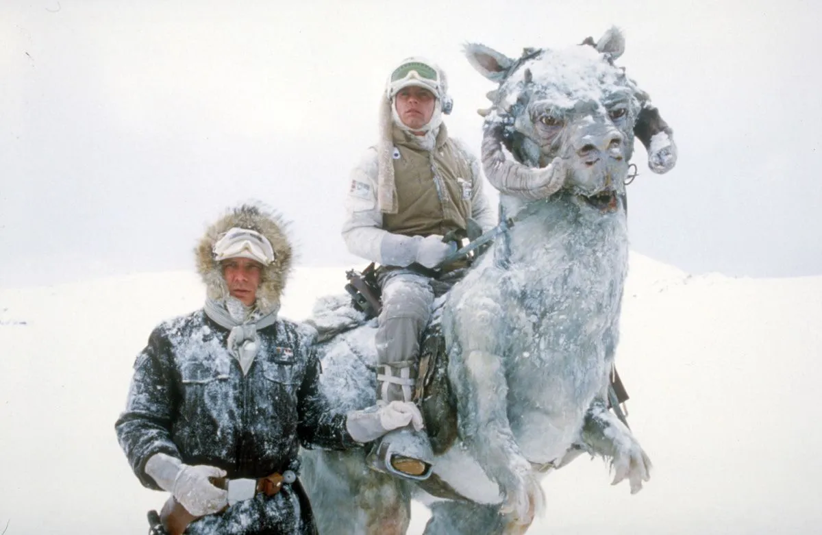 Harrison Ford, Mark Hamill, and a Tauntaun in 'Star Wars: Empire Strikes Back'