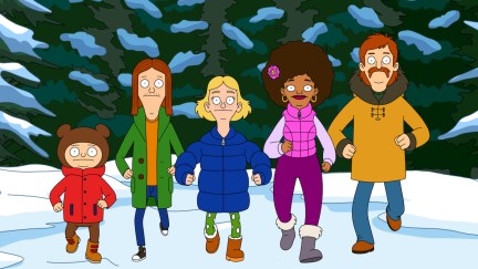 An animated family walks through a snowy woods in a scene from The Great North