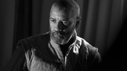Denzel Washington posing as Macbeth in Joel Coen's the Tragedy of Macbeth