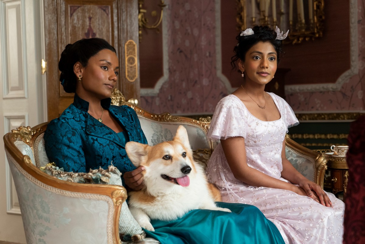 Simone Ashley as Kate Sharma, Charithra Chandran as Edwina Sharma in episode 201 of Bridgerton.
