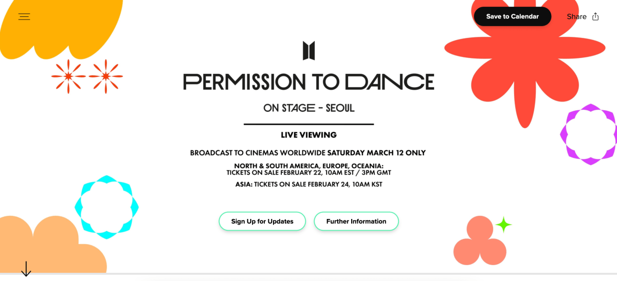 A screenshot from the website BTS and BIGHIT have set up for the ticketing process to the Live Streamed concert of the Permission to Dance tour on March 12, 2022