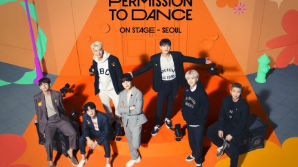 The seven members of BTS, from left to right V, Jin, J-Hope, Jimin, Jungkook, Suga and RM, pose in their Permission to Dance set to announce their new concert dates.