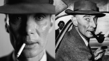 Cillian Murphy as J. Robert Oppenheimer alongside a photo of the man himself.