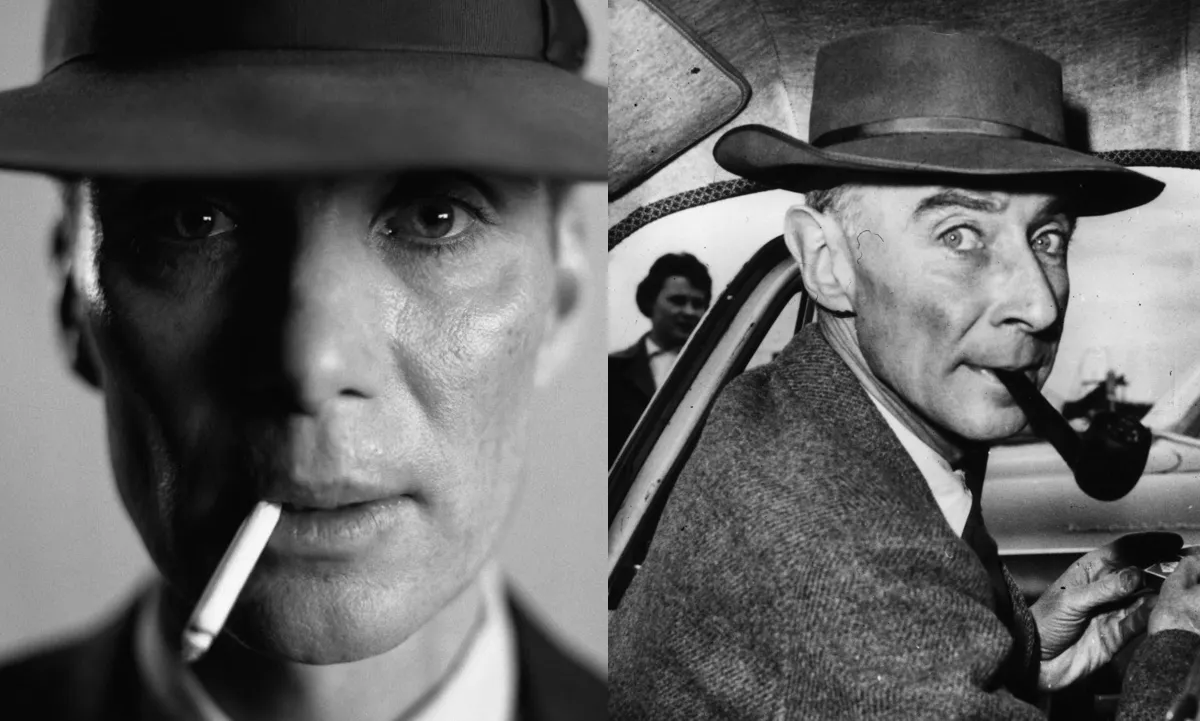 Cillian Murphy as J. Robert Oppenheimer alongside a photo of the man himself.