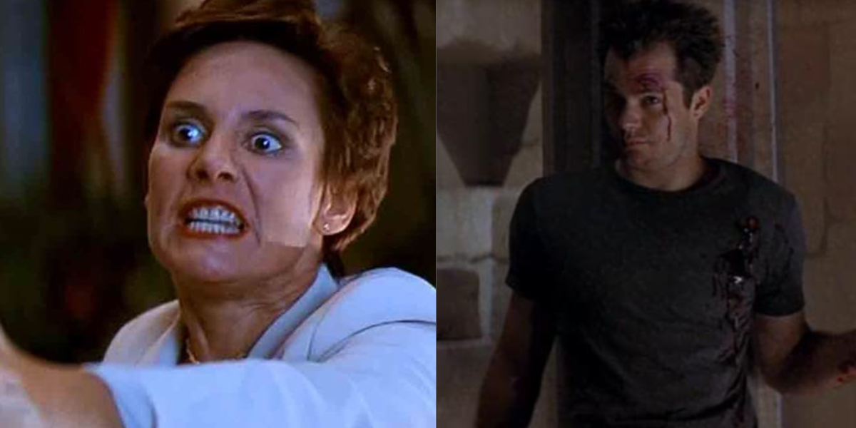 Debbie Salt (Laurie Metcalf) and Mickey Altieri (Timothy Olyphant) weilding guns in Scream 2