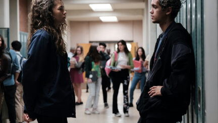 Rue and Elliot standing in the hallway in Euphoria