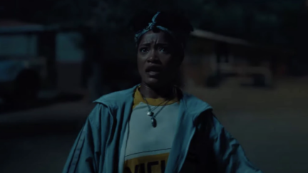 Keke Palmer looking afraid of what's coming from the sky in Jordan Peele's NOPE