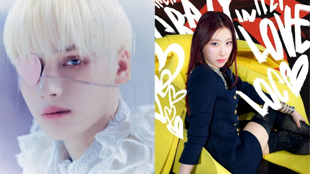 Two pictures side by side of TXT's Huening Kai from the concept photos of "The Chaos Chapter: Freeze" minialbum and ITZY's Chaeryeong from the concept photos of the "Crazy in Love" album.