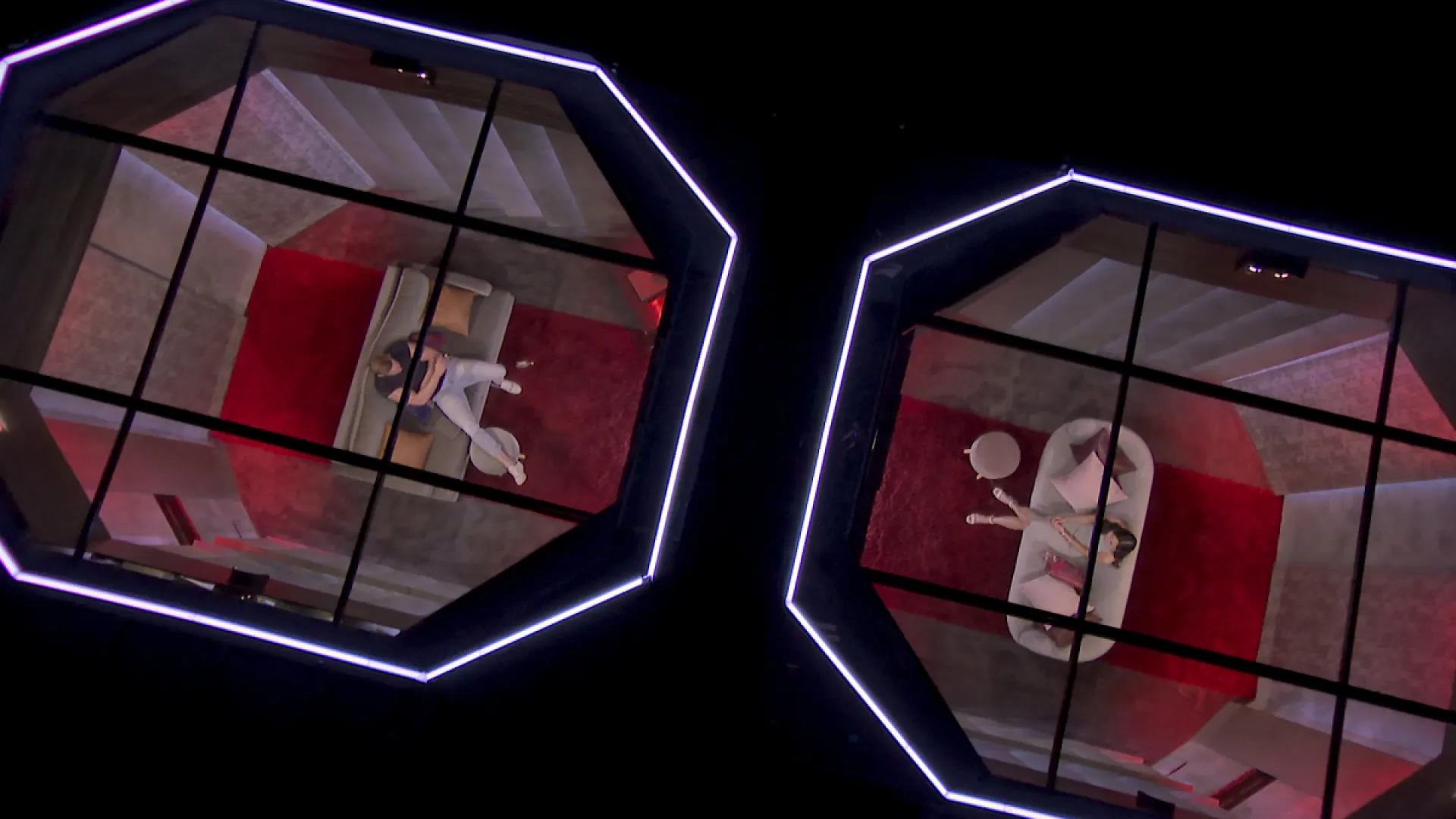 Two pods from Love Is Blind, shot from above through glass ceilings