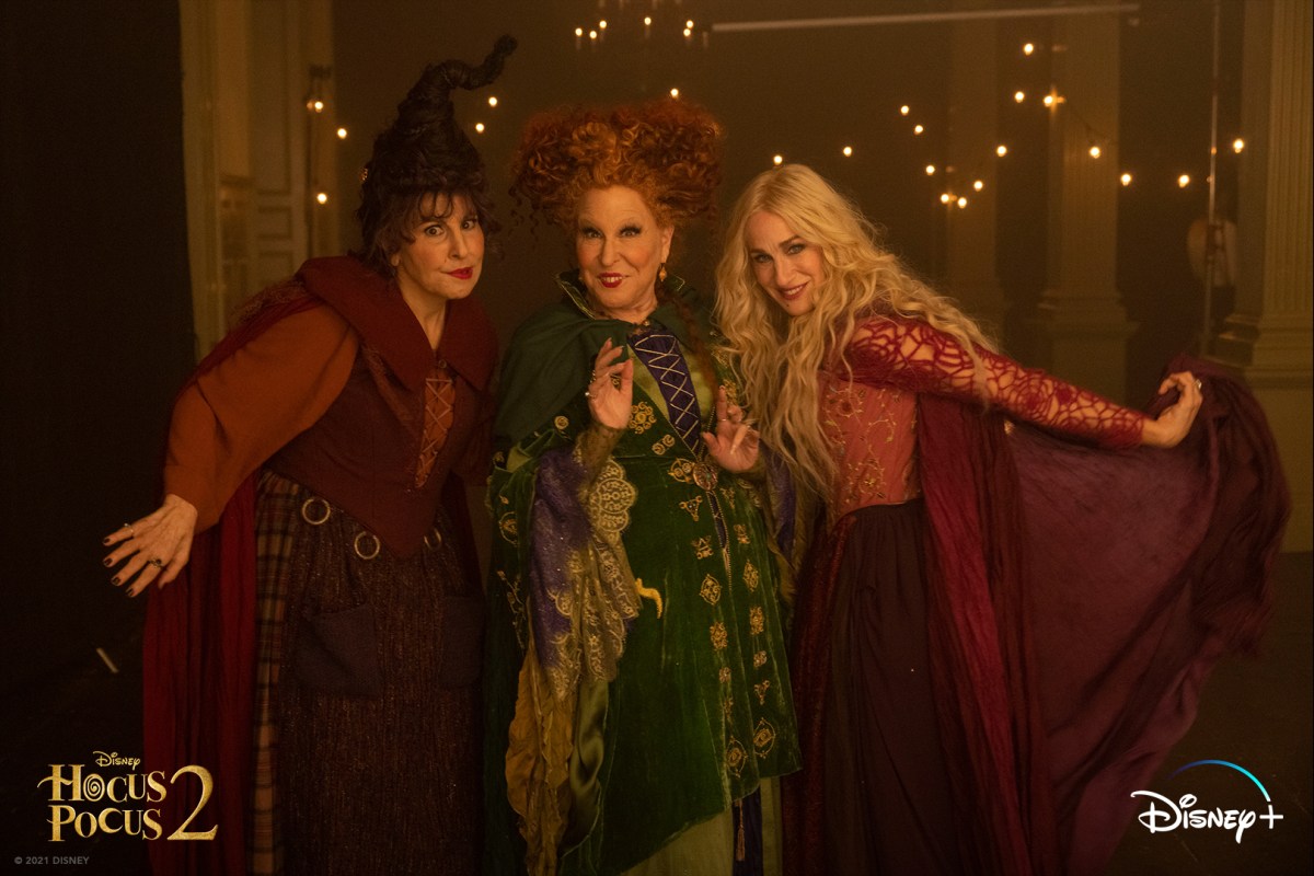 Kathy Najimi, Better Middler, and Sarah Jessice Parker reprise their roles as the wicked Sanderson Sisters in Hocus Pocus 2 for Disney Plus.