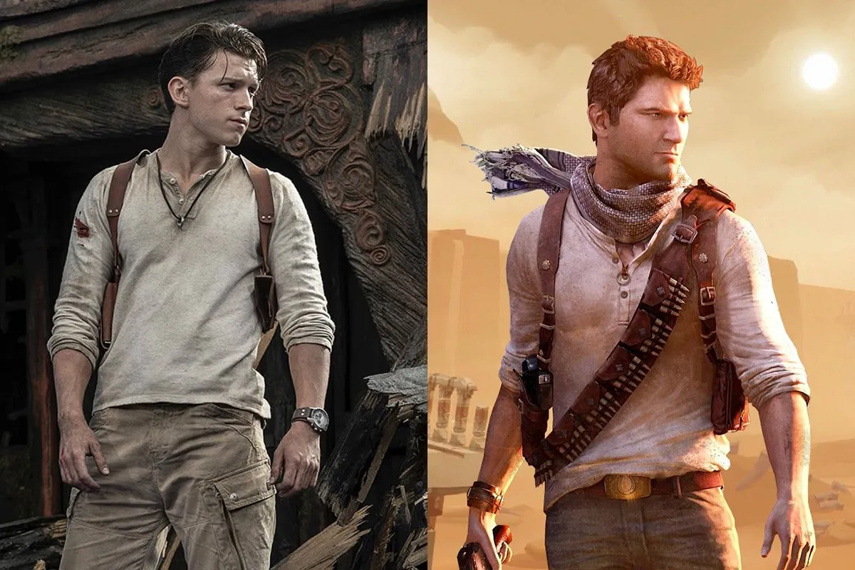 Tom Holland as Nathan Drake and Nathan Drake from the Uncharted games