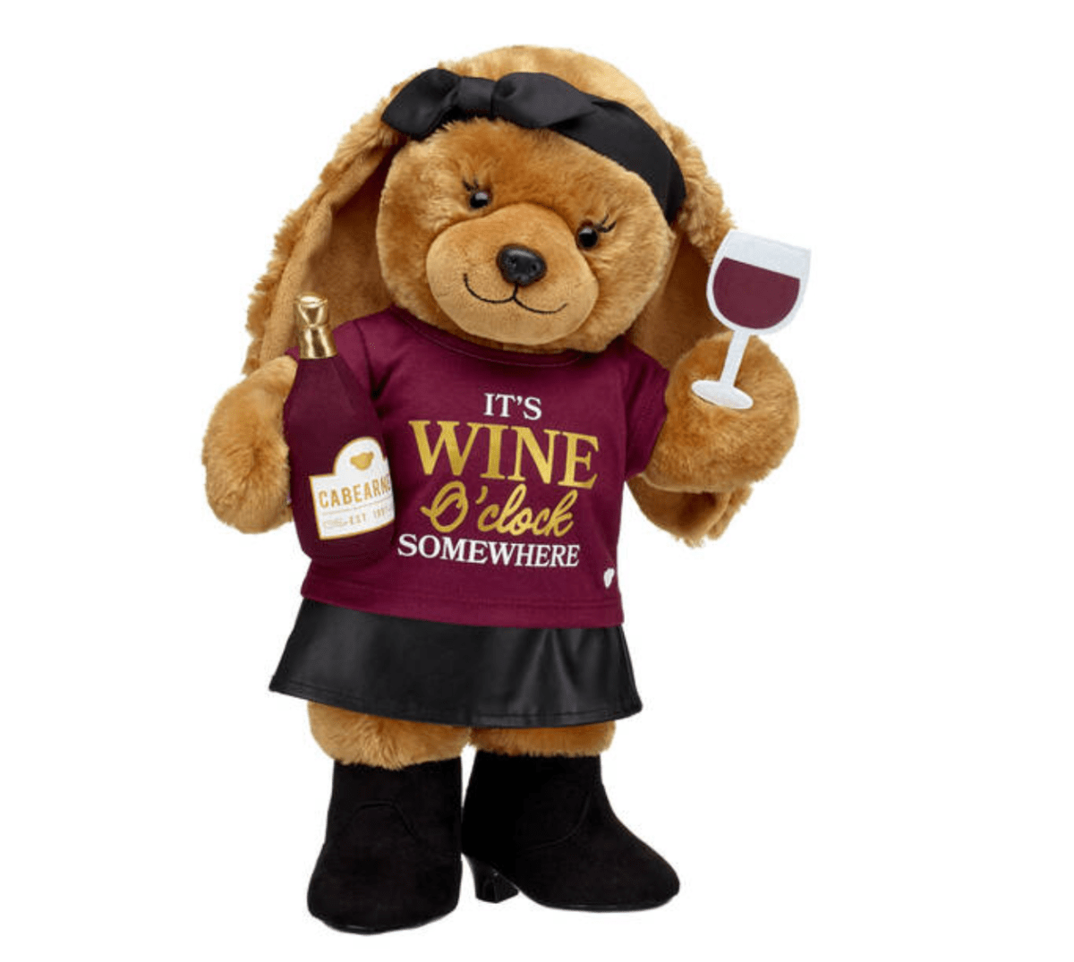 a plush bunny rabbit doll holding a bottle of wine and a wine glass, while wearing a shirt that says "it's wine o'clock somewhere."