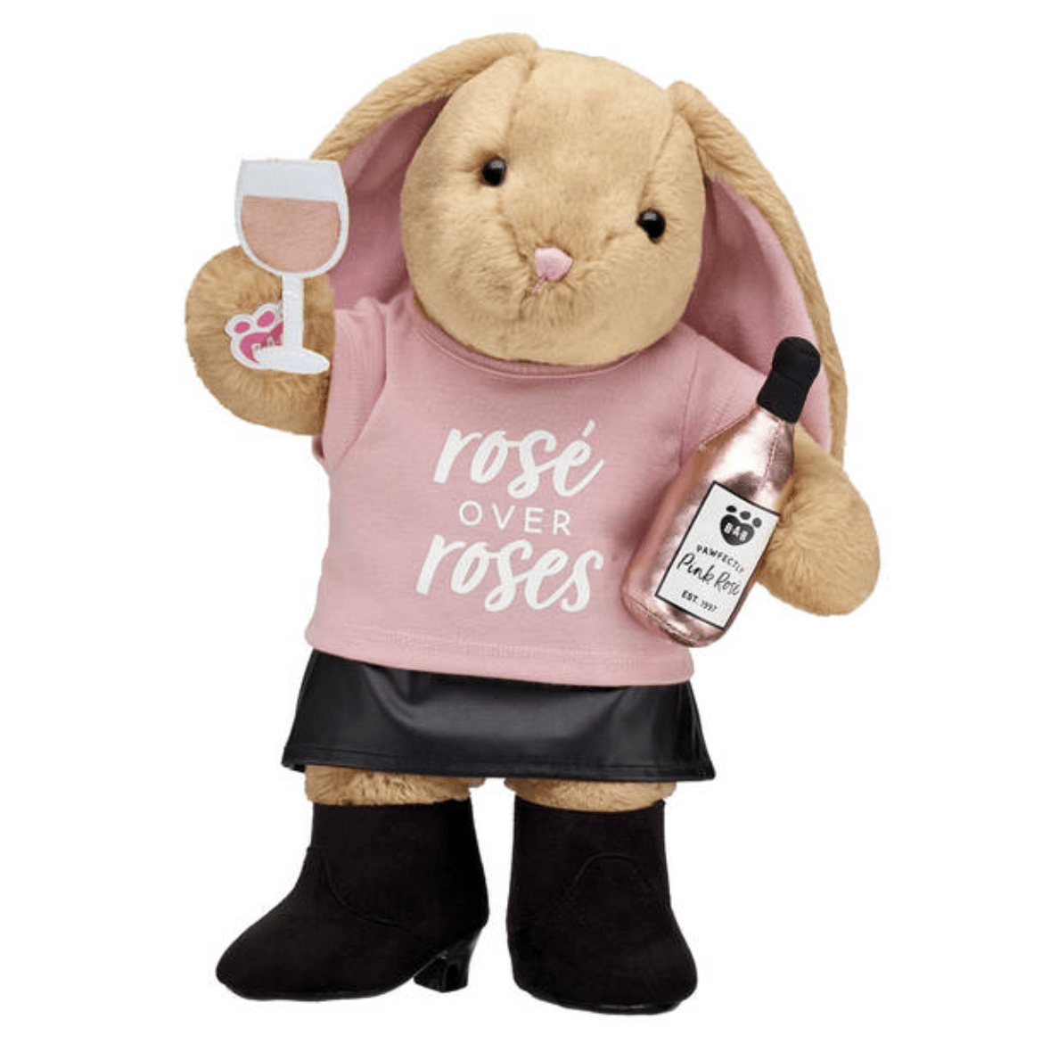 A bunny holding a glass of wine and a bottle of rose while wearing a shirt that says "rose over roses."