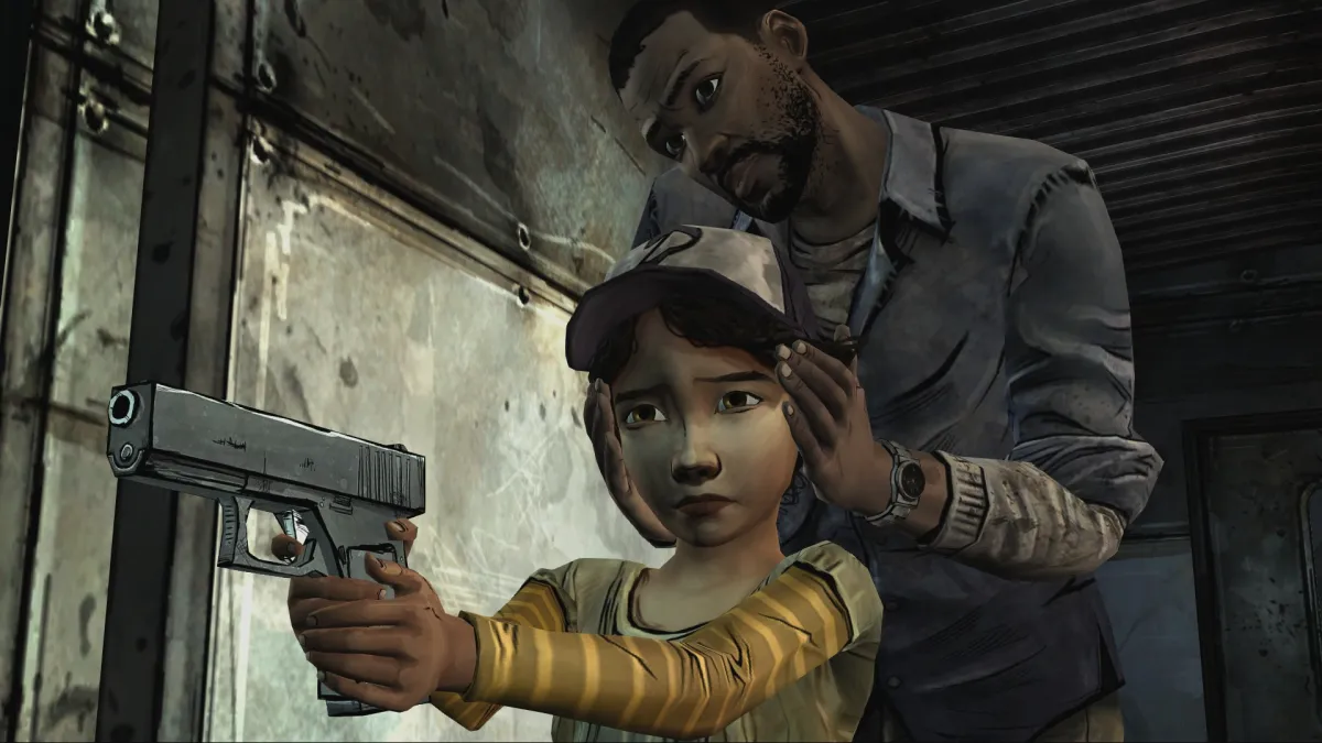 Lee teaching Clem how to shoot in the Walking Dead.