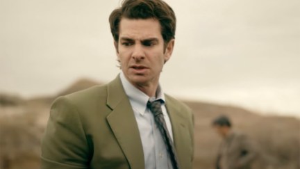 Andrew Garfield looking upset as Detective Pyre in Under the Banner of Heaven