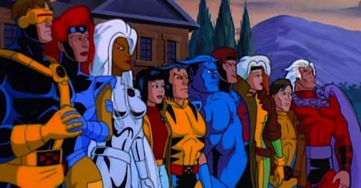 X-Men with Cyclops, JEan Grey, Storm, Jubilee, Wolverine, Beast, Gambit, Rogue, and Magneto standing side-by-side