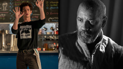 Andrew Garfield posing in tick tick boom and denzel washington as macbeth in the tragedy of macbeth