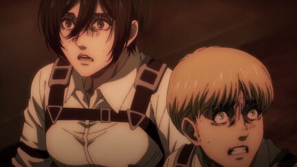Screen of Armin and Mikasa looking how I feel in attack on titan season 4 part 2