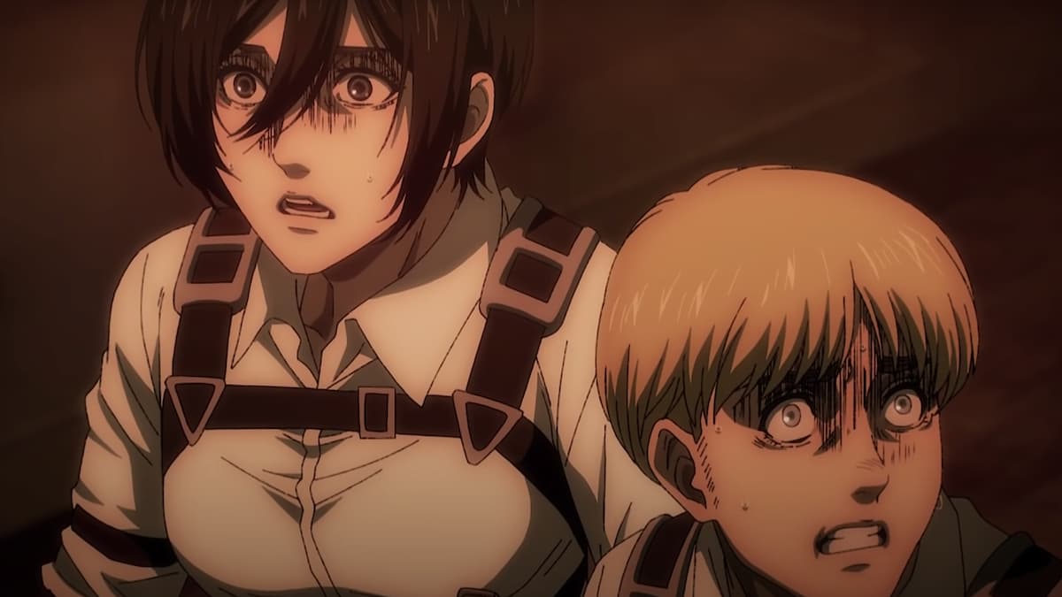 Screen of Armin and Mikasa looking how I feel in attack on titan season 4 part 2