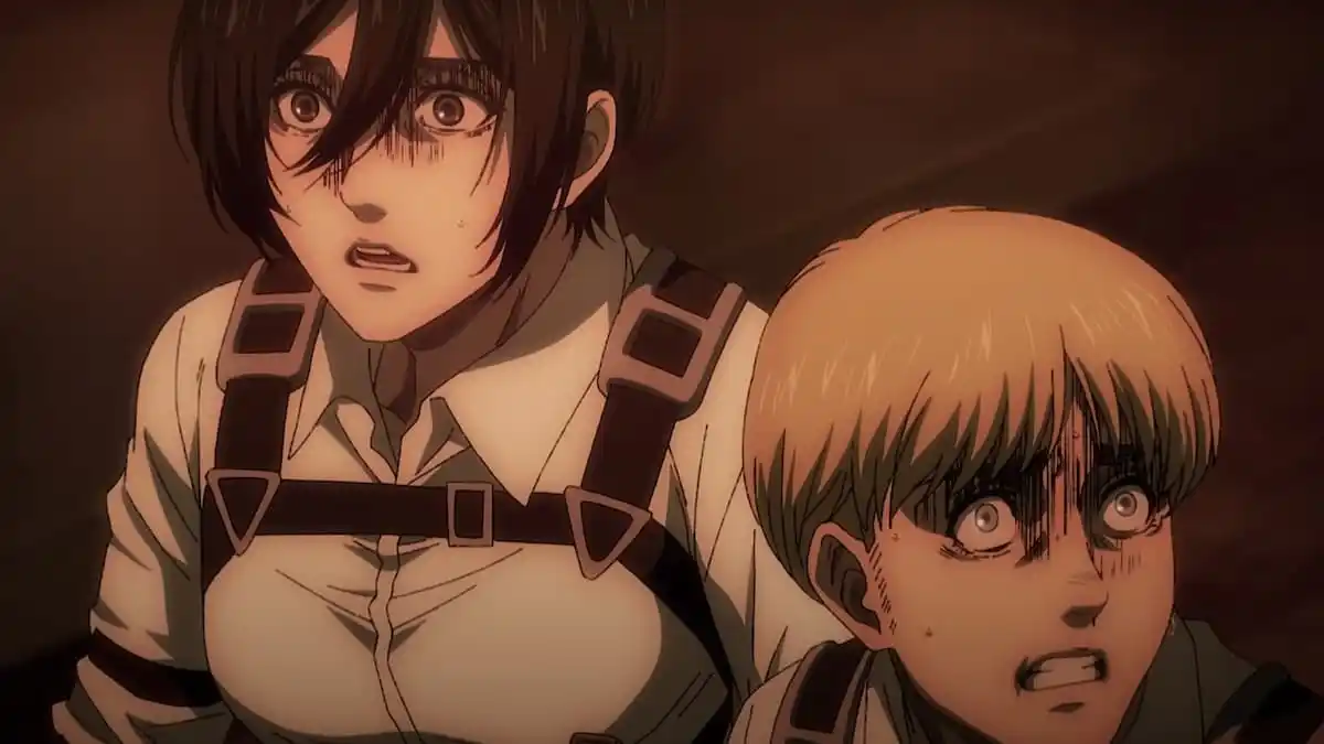 Screen of Armin and Mikasa looking how I feel in attack on titan season 4 part 2