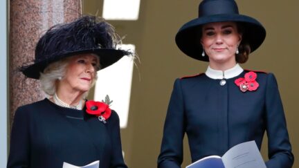 LONDON, UNITED KINGDOM - NOVEMBER 14: (EMBARGOED FOR PUBLICATION IN UK NEWSPAPERS UNTIL 24 HOURS AFTER CREATE DATE AND TIME) Camilla, Duchess of Cornwall and Catherine, Duchess of Cambridge attend the annual Remembrance Sunday service at The Cenotaph on November 14, 2021 in London, England. (Photo by Max Mumby/Indigo/Getty Images)