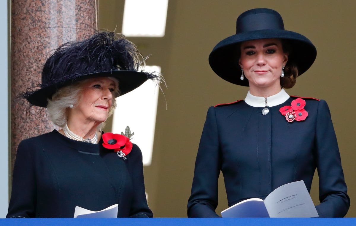 LONDON, UNITED KINGDOM - NOVEMBER 14: (EMBARGOED FOR PUBLICATION IN UK NEWSPAPERS UNTIL 24 HOURS AFTER CREATE DATE AND TIME) Camilla, Duchess of Cornwall and Catherine, Duchess of Cambridge attend the annual Remembrance Sunday service at The Cenotaph on November 14, 2021 in London, England. (Photo by Max Mumby/Indigo/Getty Images)