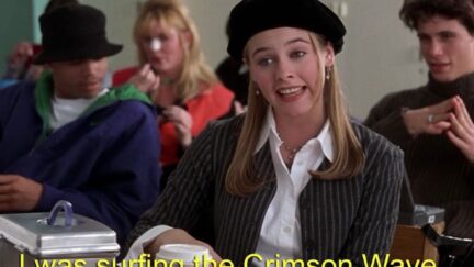 Alicia SIlverstone speaks in a scene from Clueless with a caption reading 