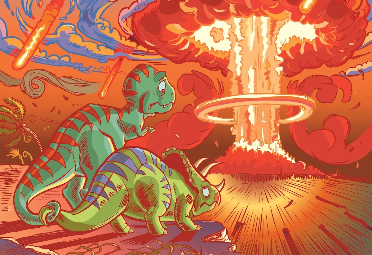 Two illustrated dinosaurs look worried as they watch an asteroid strike