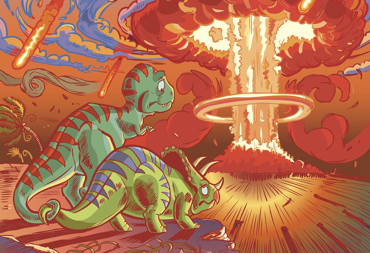 Two illustrated dinosaurs look worried as they watch an asteroid strike