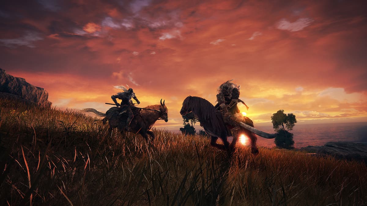 Characters ride on horseback at dusk in 'Elden Ring'