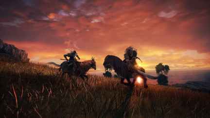 Characters ride on horseback at dusk in 'Elden Ring'