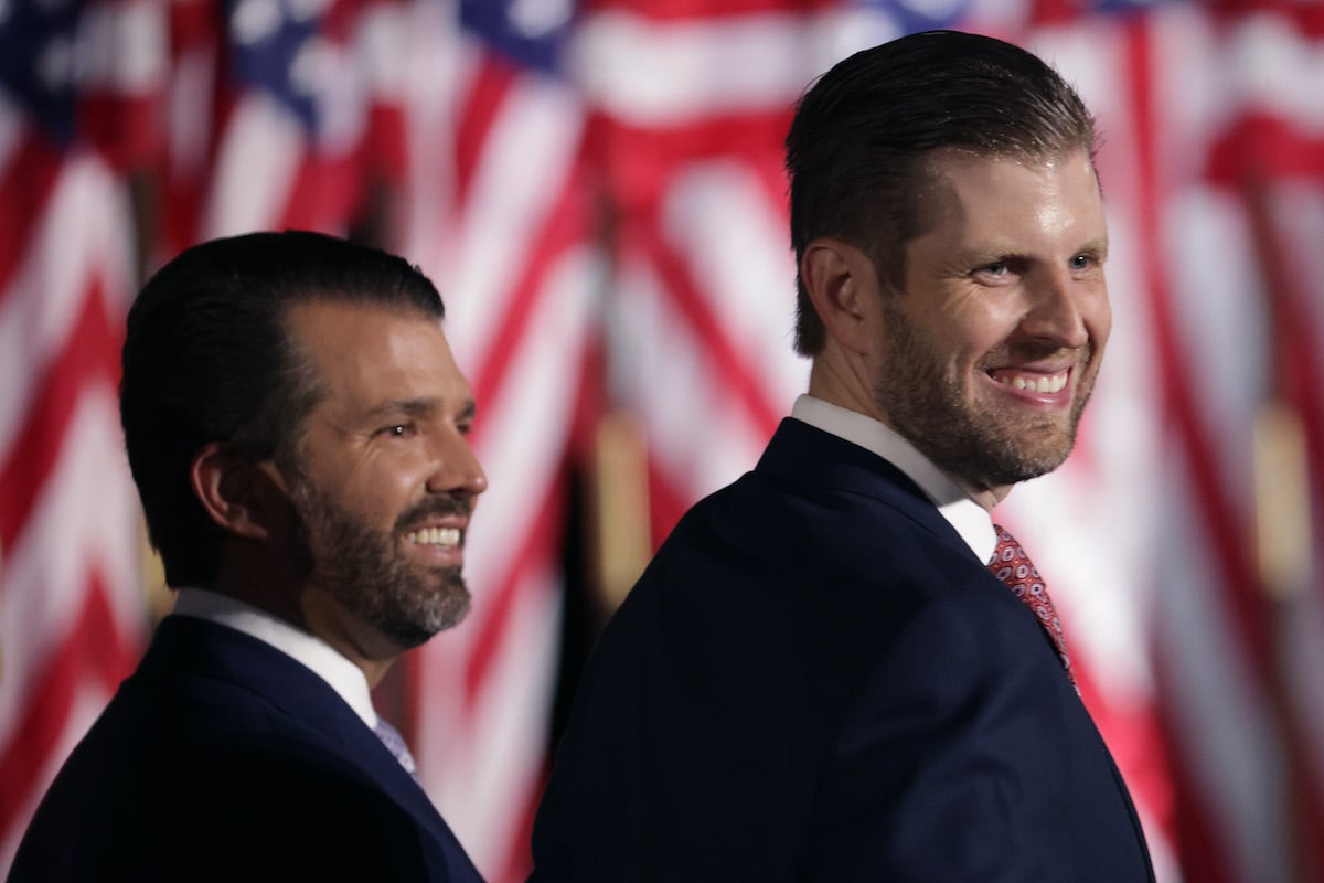 Donald Trump Jr. (L) and Eric Trump smile standing in front of an American flag.