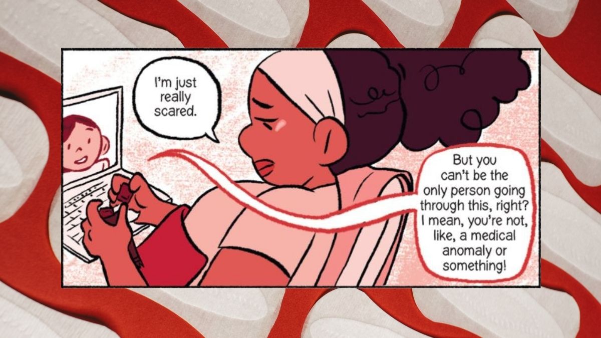 Two girls talking about cramps via webcam. From the graphic novel "Go with the Flow" by Karen Schneemann and Lily Williams. (Image: First Second.)