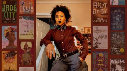 Jesse Morales-Small posing and flanked next to a collage of some of their favorite books. (Image: Jesse Morales-Small and various publishers.)