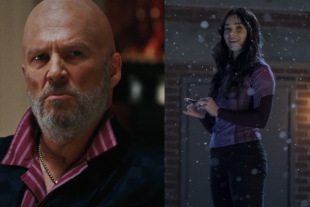 Jeff Bridges as Obadiah Stane looking angry and a happy Hailee Steinfeld as Kate Bishop