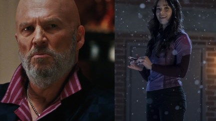 Jeff Bridges as Obadiah Stane looking angry and a happy Hailee Steinfeld as Kate Bishop