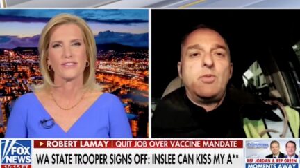 Laura Ingraham interviews a man via skype on her Fox news show.