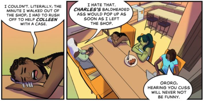 Storm, Misty Knight, She-Hulk, and Monica talking at the dining table. (Image: Stephanie Williams, Christina Poag, and Erin O’Neill Jones.)
