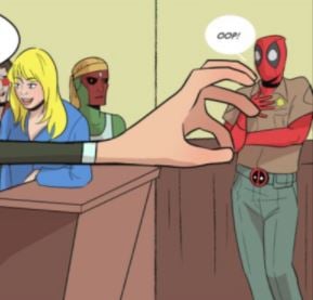 Vision as V'Shawn in the courtroom, Susan Storm at a podium, Reed Richard's outstretched hand, and Deadpool as the bailiff. (Image: Stephanie Williams, Christina Poag, and Erin O’Neill Jones.)