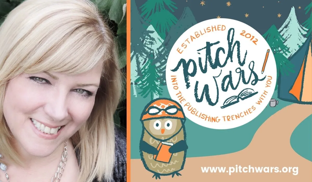 Author Brenda Drake next to Pitch Wars graphic showing Adult Book owl at a campsite next to the "Pitch Wars" logo. (Image: Brenda Drake and Pitch Wars.)