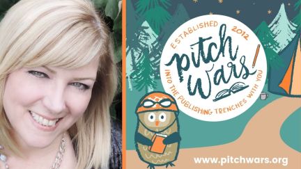 Author Brenda Drake next to Pitch Wars graphic showing Adult Book owl at a campsite next to the 